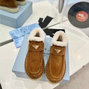 Prada Brown Winter Boots with White Fur Lining
